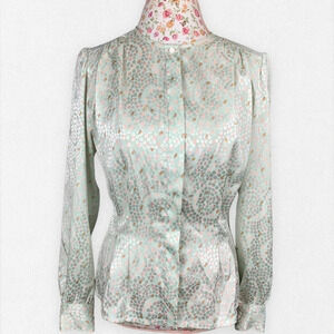 Vintage 90's Button Up Blouse sz 10 Light Medium Green Patterned Shirt Nicola